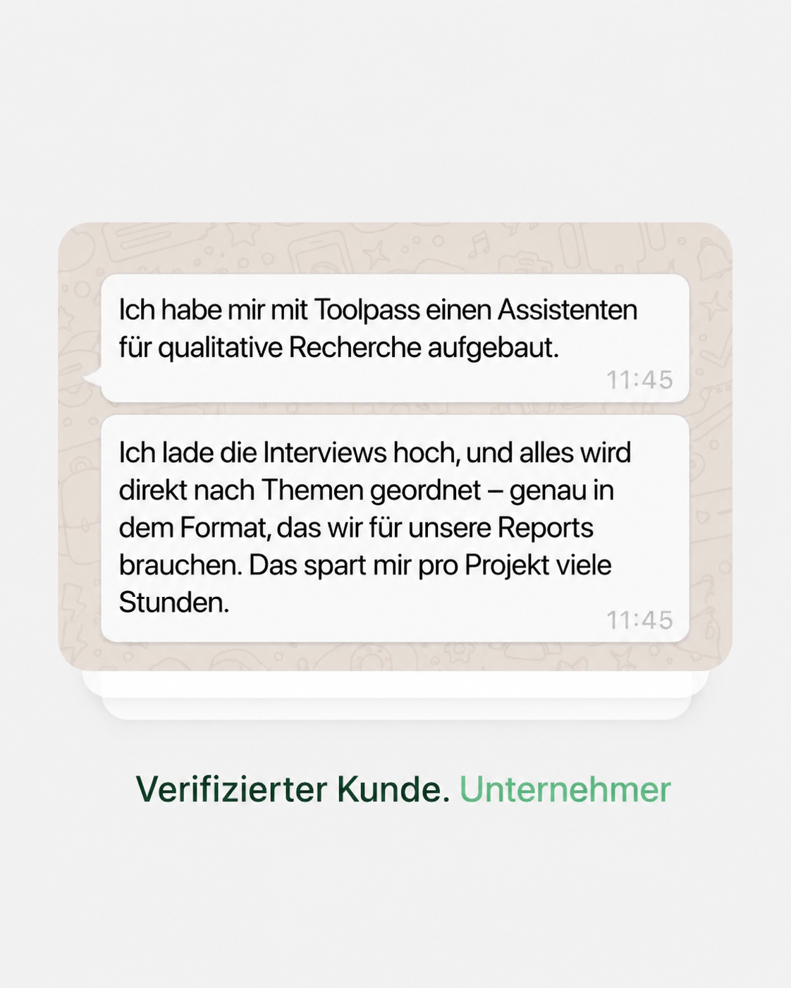 Originalnachricht eines verifizierten Unternehmers über Recherche und Projektarbeit mit TOOLPASS